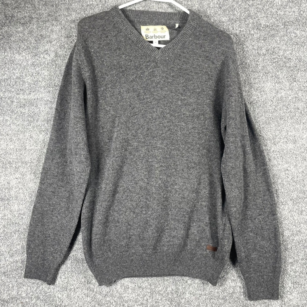 Barbour Sweater Mens Medium Gray V Neck Wool Knit Pullover Outdoors‎ Luxury Work